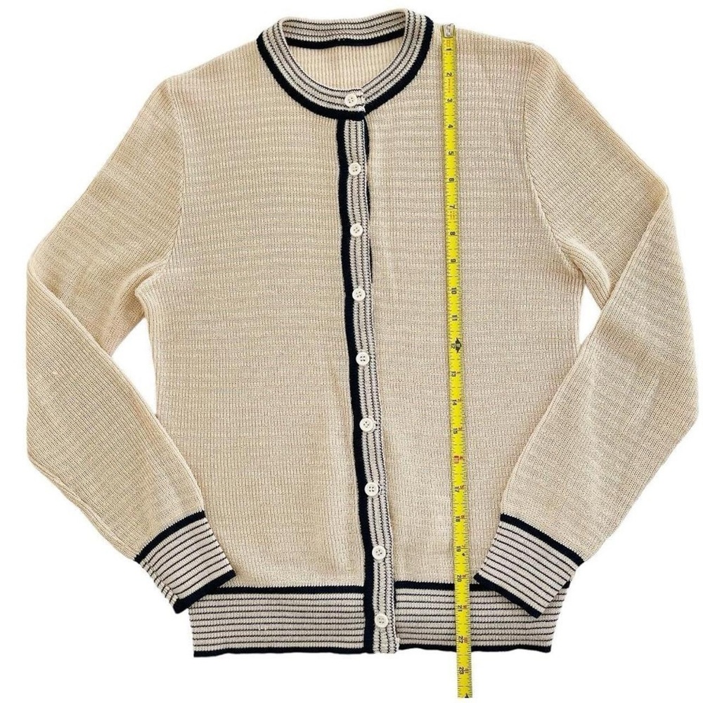 Vintage Retro Cream Ivory Tone Button Down Cardigan w/ Navy Blue Striped Accents - Picture 5 of 5